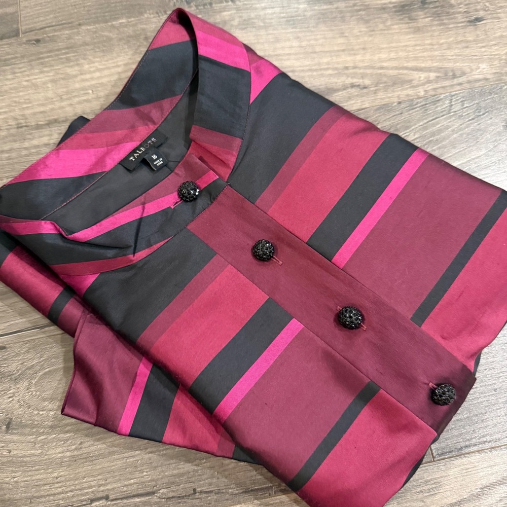 Talbots Women 16 Pink Burgundy Striped Silk Blouse Crystal Button‎ NWT